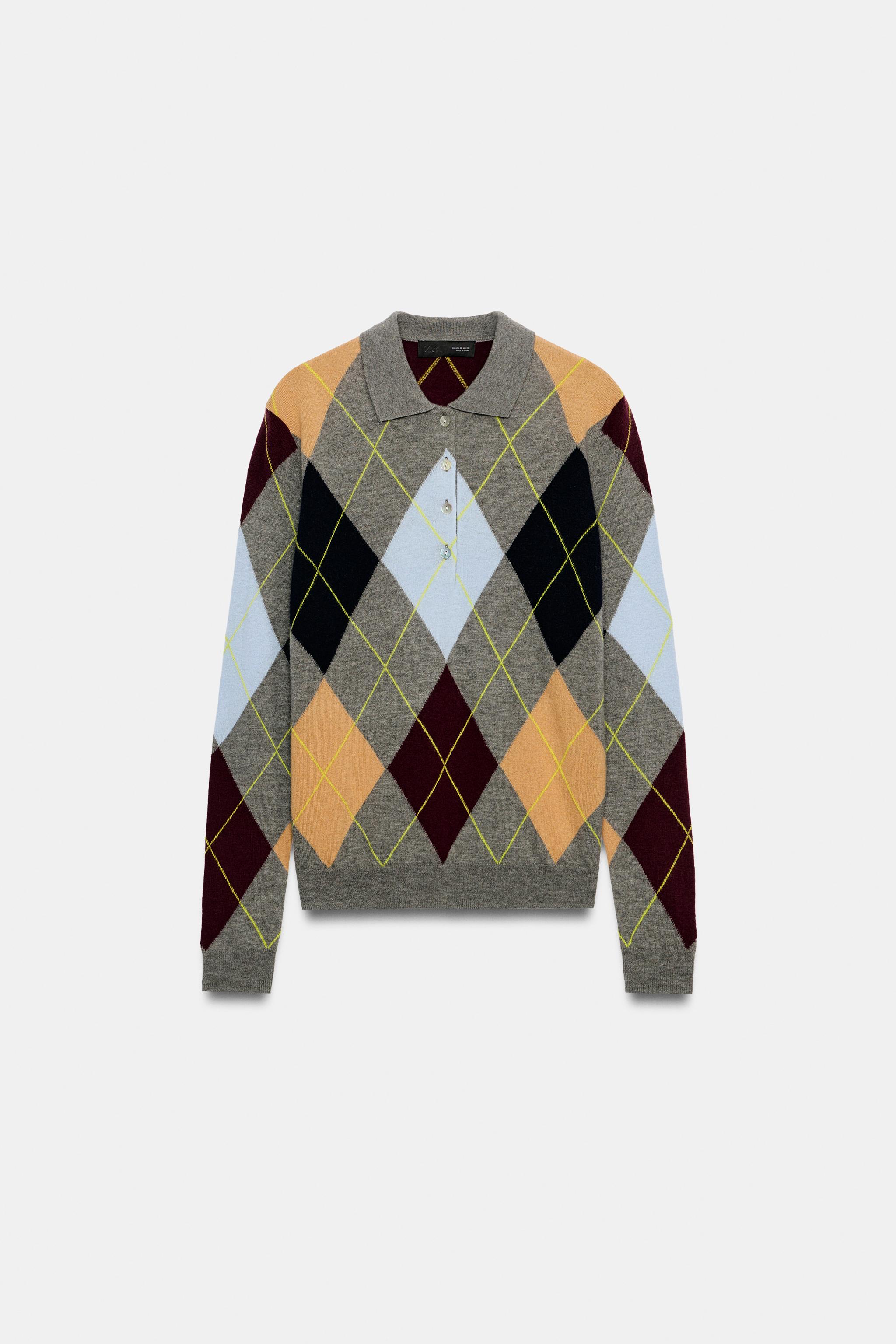 100% WOOL ARGYLE POLO SWEATER
